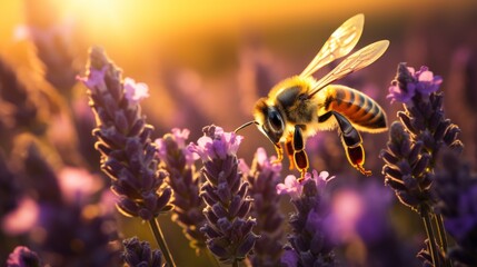 Close-up of a bee on purple flowers collecting Nectar, Pollen at a soft sunset. Nature, Landscape, Golden Hour, Summer, Animals, Insects, Wildlife concepts. Horizontal photo.