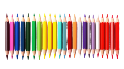 Group of Colored Pencils Lined Up in a Row. Each pencil showcases a different vibrant color creating a visually appealing display of art supplies. on White or PNG Transparent Background.