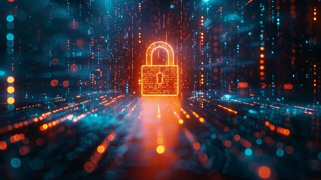 A vibrant digital illustration of a padlock symbolizing cybersecurity, amidst a background of glowing data streams and binary code.