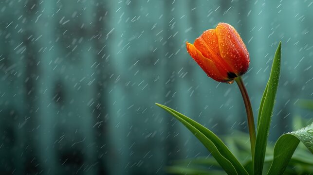 a single orange tulip in the rain with a green plant in the foreground and a blue building in the background.