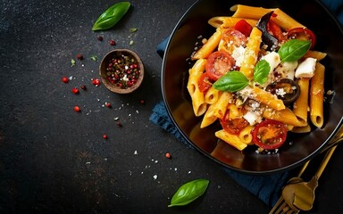 Pasta alla norma - traditional Italian food with eggplant, tomato, ricotta cheese and basil - obrazy, fototapety, plakaty