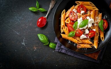 Pasta alla norma - traditional Italian food with eggplant, tomato, ricotta cheese and basil - obrazy, fototapety, plakaty