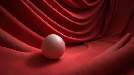a white egg sitting on top of a red cloth next to a red drape covered wall with a red curtain in the background.