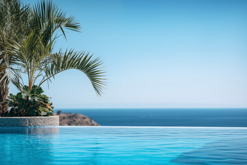 Tropical swimming pool. Ocean view pool. Relax, spa, hotel. Vacation, travel, holidays.