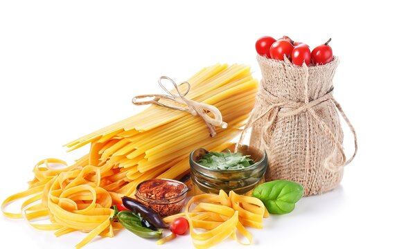 Pasta spaghetti, vegetables, spices isolated on white