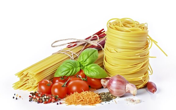 Pasta spaghetti, vegetables, spices isolated on white