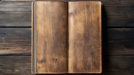 From a top view, an old book rests on a wooden plank background.