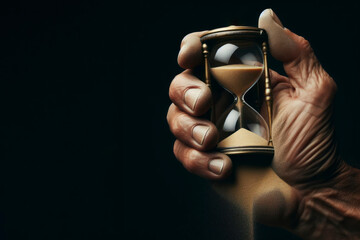 A detailed of a old man hand hold sand watch isolated on solid black background. ai generative