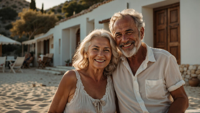 Bellissima coppia di anziani pensionati con i capelli bianchi, sorride su un isola della Grecia in una giornata di sole durante una vacanza