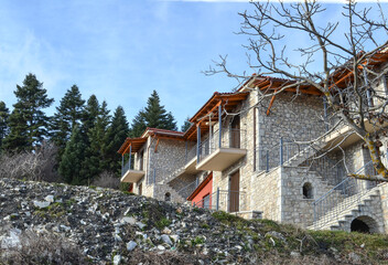 traditional stone made building in Valtessiniko village. Arkadia, Greece.