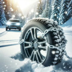 Car wheel with winter tire and snow chain on snow bokeh background. ai generative