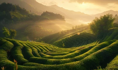 Foto op Canvas tea garden terraces in the morning, nature background © Pumapala