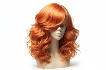 Fototapeta premium Full female orange wig curly hair mannequin head isolated on white background. ai generative