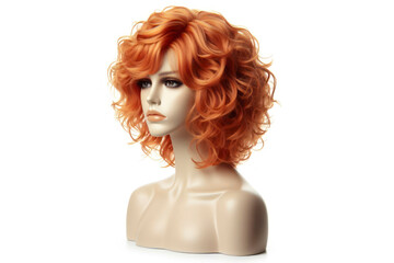 Full female orange wig curly hair mannequin head isolated on white background. ai generative