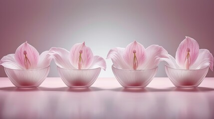 a group of three pink flowers sitting in a bowl on top of a pink table next to a pink wall.