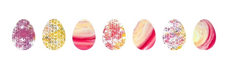 Set of watercolor easter eggs. Different colorful eggs. Set of Easter eggs with different textures on a white background. Spring holiday.