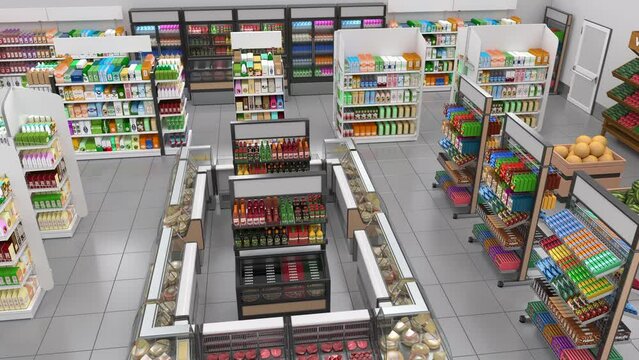 Supermarket interior with shelves of goods. 3d animation