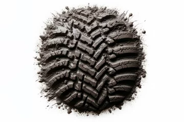 Fotobehang imprint of a car wheel tread made of mud isolated on white background. ai generative © Anna