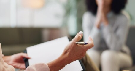 Mental health, therapy and person talking to psychologist for help, support and care. Counseling, session and client in consultation for advice, communication and hand gesture in conversation closeup