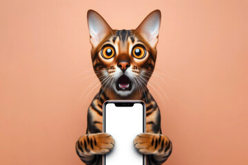 Shocked bengal cat with bulging eyes holding smartphone with white mockup screen. ai generative