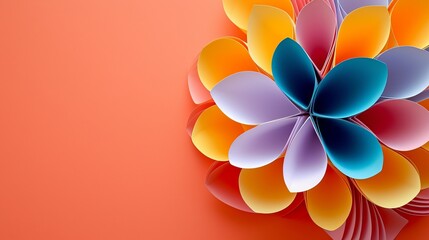 Macro Image of Colorful Paper Sheets Shaped like a Flower on Orange Background