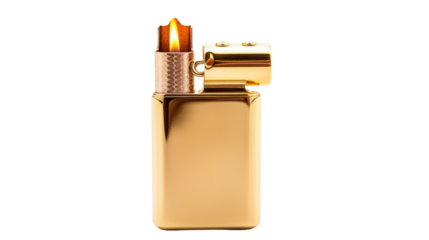 Gold Lighter With Lighter Inside. A gold lighter with a smaller lighter stored inside of it. Both lighters are shiny and reflect light, showcasing their metallic texture and design.