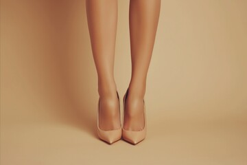 Close up veiw of beautiful female legs with smooth skin in beige heels against beige background