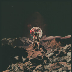 Rêve lunaire, Astronaute rétro assis face à la Lune - obrazy, fototapety, plakaty