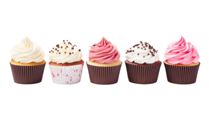 Row of Cupcakes With Frosting and Sprinkles. A row of delicious cupcakes topped with colorful frosting and sprinkles lined up neatly on a tray. on White or PNG Transparent Background.