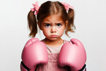 Small girl kid wearing pink boxing gloves, angry serious expression on solid white background. ai generative