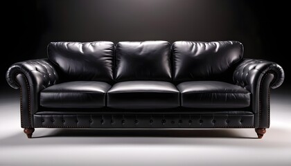 Black modern leather sofa isolated in a dark room, black wall