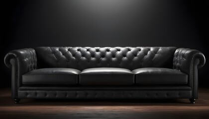Black modern leather sofa isolated in a dark room, black wall