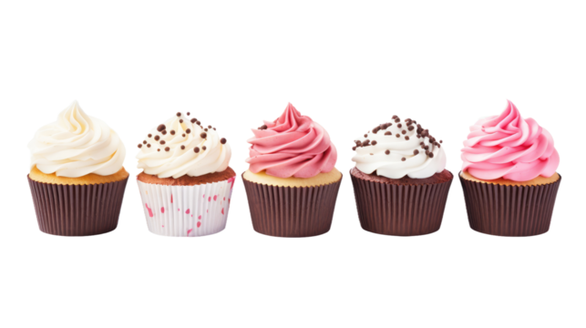 Row of Cupcakes With Frosting and Sprinkles. A row of delicious cupcakes topped with colorful frosting and sprinkles lined up neatly on a tray. on White or PNG Transparent Background.