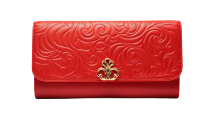 Stylish Red Purse With Gold Buckle. A vibrant red purse with a shiny gold buckle on it, adding a touch of elegance and sophistication to any outfit. on White or PNG Transparent Background.