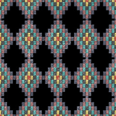 Ethnic seamless embroidery on black background. Ikat ethnic oriental pattern traditional. Ethnic pattern style. Design for ikat, blanket, fabric, clothing, carpet, textile, ethnic, batik, embroidery.