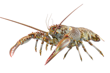 Close Up of a Lobster. A close-up view of a live lobster placed on a plain white background. The lobsters details including its shell antennae and claws are visible.
