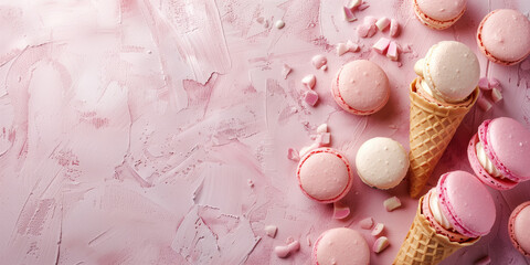 A pink background with a pink and white ice cream cone and a bunch of macarons - Powered by Adobe