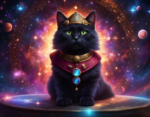 A sorcerer black cat in a mysterious celestial background. Amazing digital illustration. CG Artwork Background