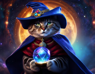 A sorcerer cat wearing a witch hat and a cape in a mysterious background. Amazing digital illustration. CG Artwork Background - obrazy, fototapety, plakaty