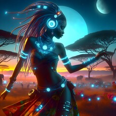 Futuristic African tribal lady with glowing headphones with savannah background