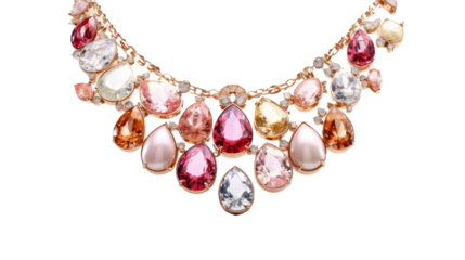 Multicolored Necklace. A vibrant multicolored necklace with beads of various hues and sizes is displayed on a clean white background. on White or PNG Transparent Background.