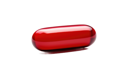 Red Pill Resting on White Surface. A single red pill is placed on top of a clean, white surface. The pill stands out against the stark background, creating a simple and minimalistic composition.