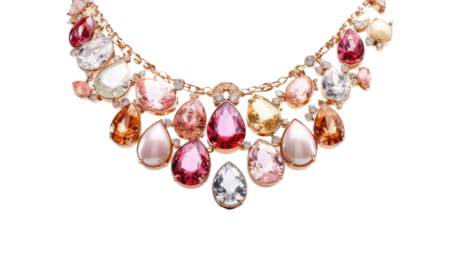 Multicolored Necklace. A vibrant multicolored necklace with beads of various hues and sizes is displayed on a clean white background. on White or PNG Transparent Background.