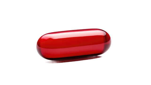 Red Pill Resting on White Surface. A single red pill is placed on top of a clean, white surface. The pill stands out against the stark background, creating a simple and minimalistic composition.