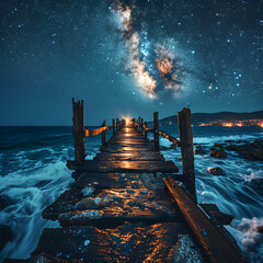 Wooden Pier Leading Out to Sea with Beautiful Starry Night View. Wooden Bridge Over the Sea