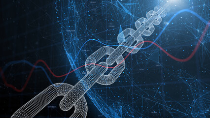 Futuristic blockchain chain on cryptocurrency cyberspace network with business graph lines illustration background.