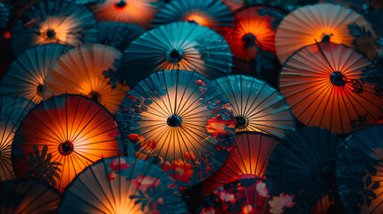 Fototapeta na wymiar Silhouetted Canopy of Japanese Umbrellas