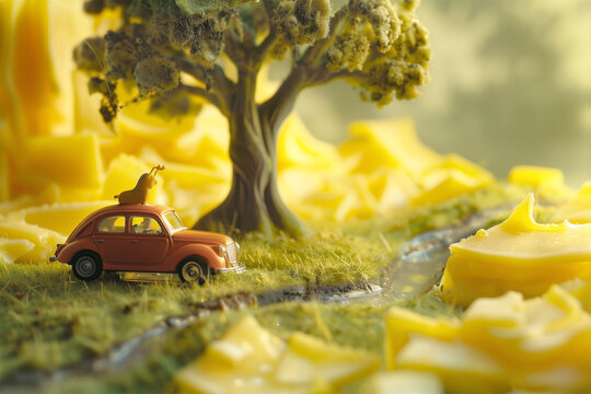 An AI generative image of old car with cheese diorama and river.