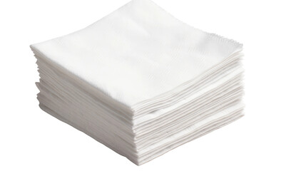 Stack of White Napkins. A neat stack of plain white napkins is placed on a clean white background. The napkins are arranged orderly and are free of any visible wrinkles or creases.