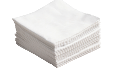 Stack of White Napkins. A neat stack of plain white napkins is placed on a clean white background. The napkins are arranged orderly and are free of any visible wrinkles or creases.